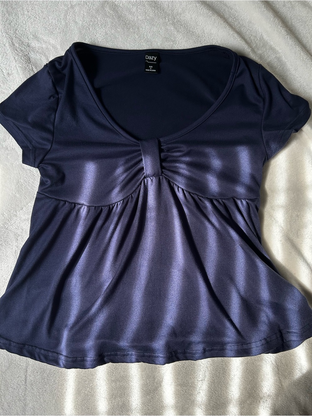 Women's Navy Short Sleeve Gathered Front Top